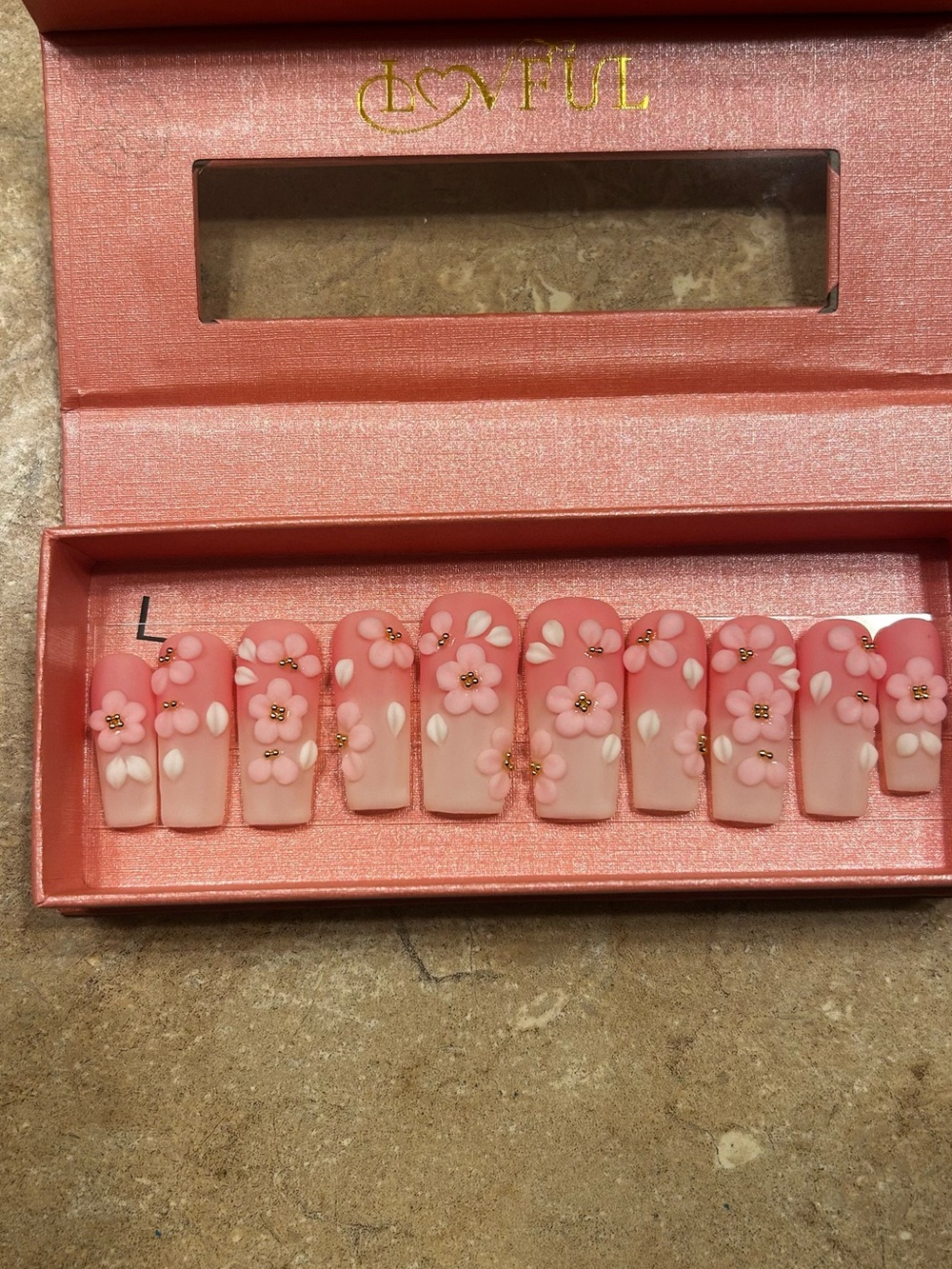 Pink 3D Floral Press-On Nail Set size large (long) - Picture 2 of 4